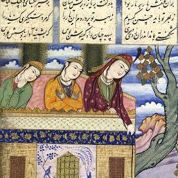 Section Of A Persian Manuscript With Three Figures In The Foreground And Three Columns Of Persian Text Above Them